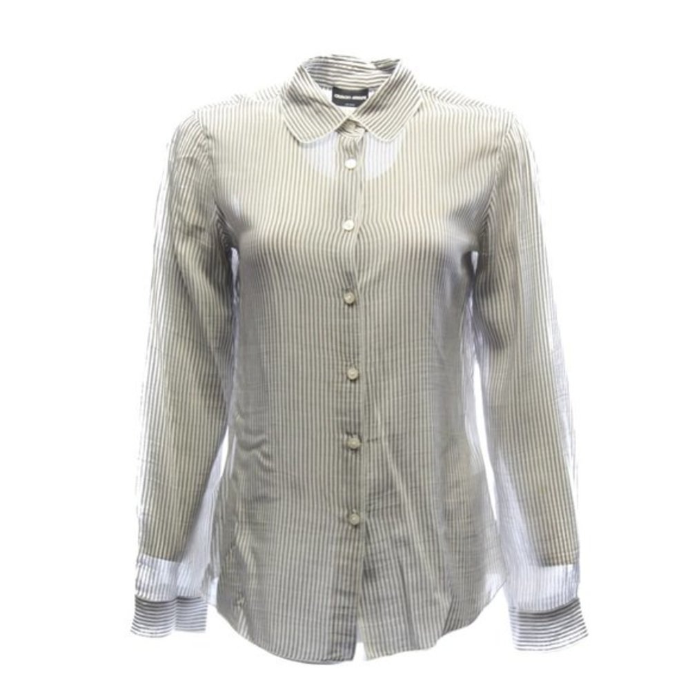 GIORGIO ARMANI Brown & White Pinstripe Silk Top Size EU38/ US 6